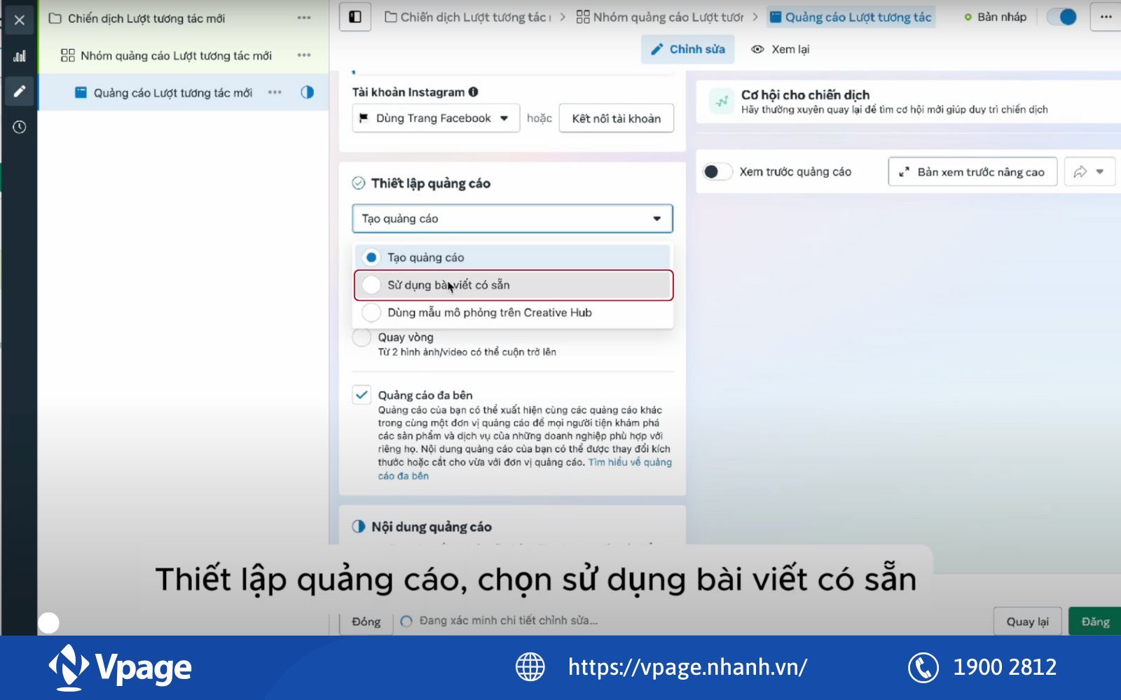 Chọn chạy quảng cáo sử dụng bài viết có sẵn